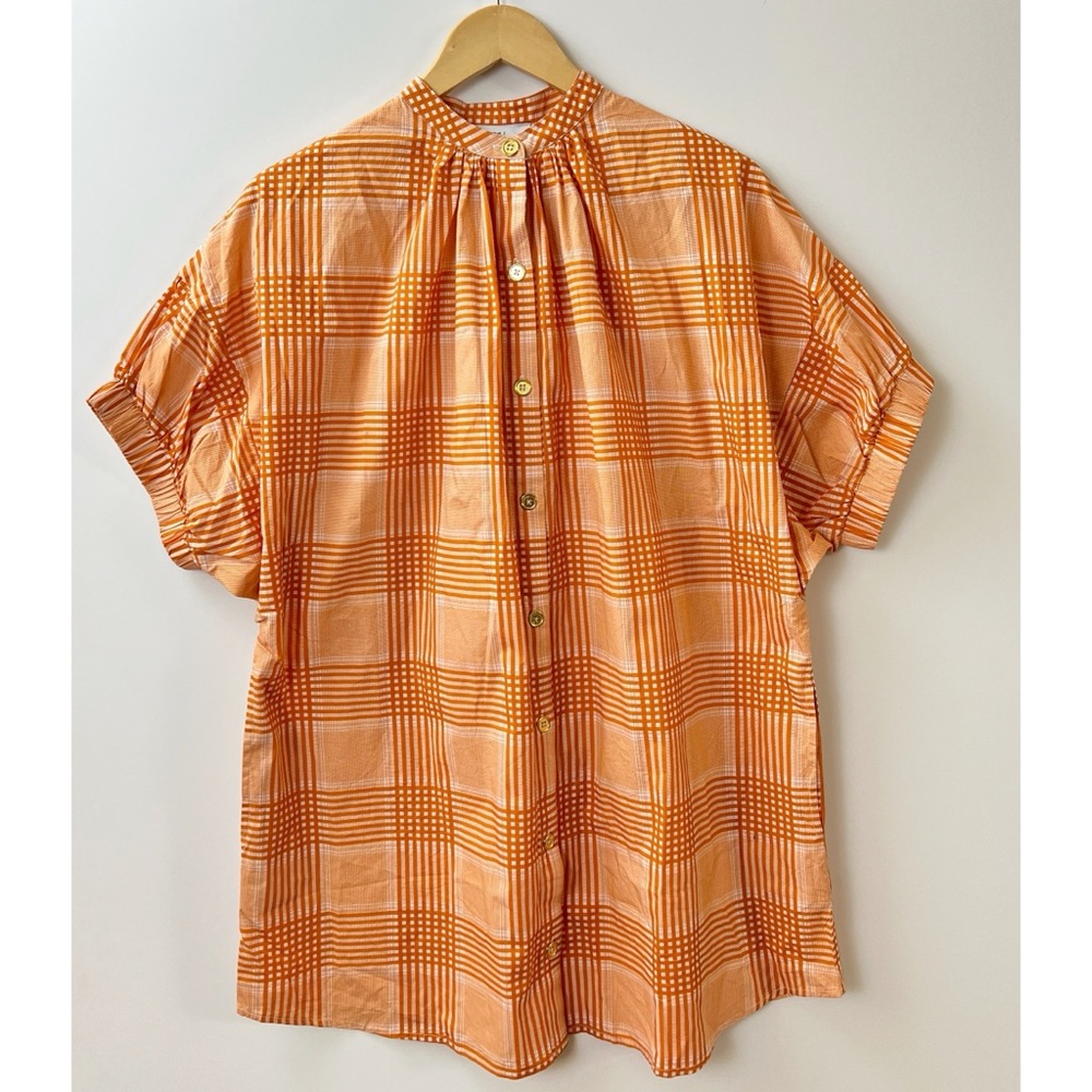 NWT Never A Wallflower Elastic Sleeve Shirt Dress Pockets Orange Plaid XS